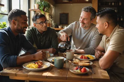 Four Men Sharing Breakfast in Sunlit Cafe