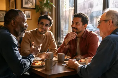 Four Men Talking Over Cafe Breakfast