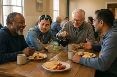 Four Men Sharing Breakfast Conversation
