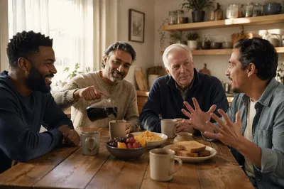 Four Men Sharing Breakfast Conversation