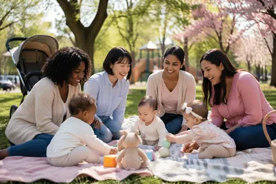 Diverse Mothers and Babies in Spring Park