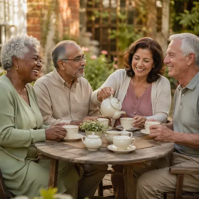 Senior Friends Sharing Tea in Garden
