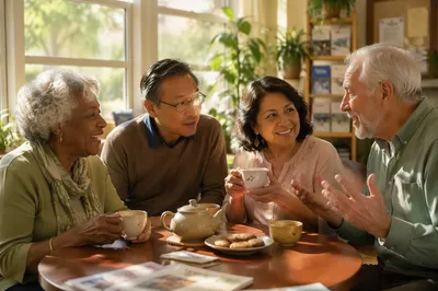 Senior Friends Sharing Tea in Sunroom