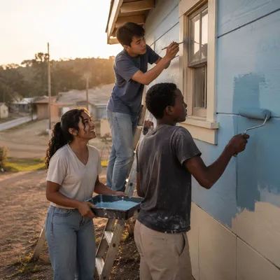 Teen Volunteers Painting Rural Community Building