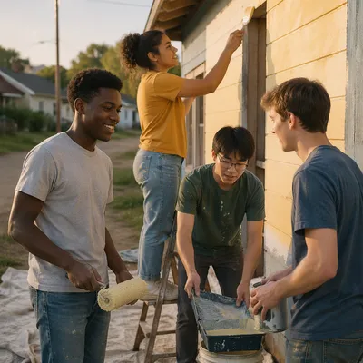 Diverse Teenagers Painting Community Building Exterior