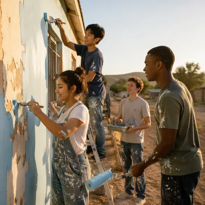 Teenagers Repainting Community Building at Sunset