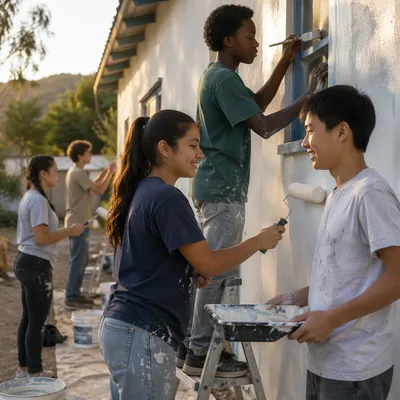 Teenagers Painting Community Building Exterior Together