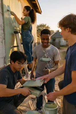 Teenagers Repainting Community Building Exterior Together