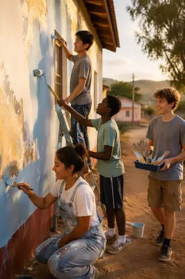 Teenagers Repainting Community Building at Golden Hour