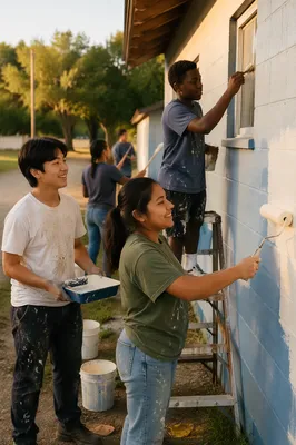 Teen Volunteers Painting Community Building Exterior