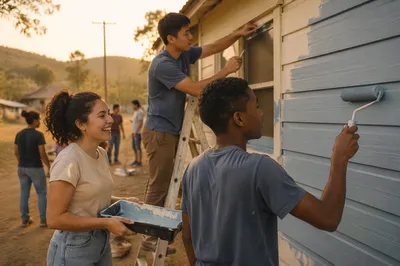 Teenagers Painting Community Building at Golden Hour