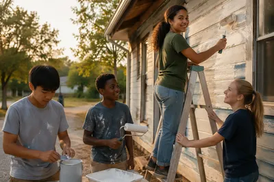 Teenagers Painting Community Building Exterior Together