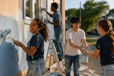 Teen Volunteers Painting Community Building Exterior
