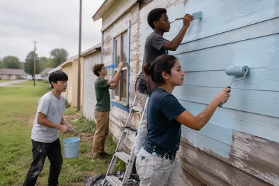 Teenagers Painting Community Center Exterior Together