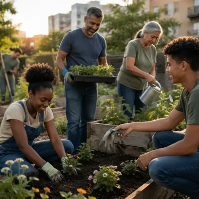 Diverse Volunteers Working in Neighborhood Garden