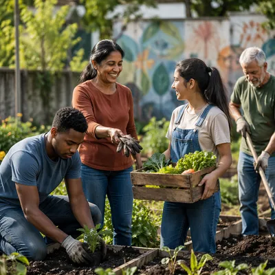 Diverse Volunteers Working in Community Garden