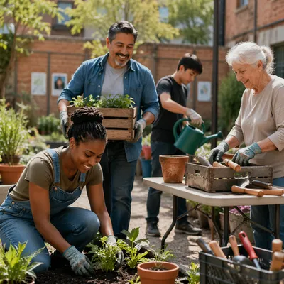 Diverse Volunteers Gardening in Urban Courtyard
