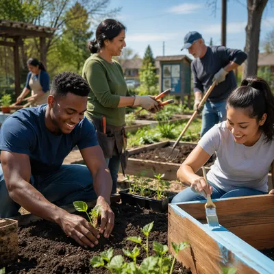 Volunteers Working Together in Neighborhood Garden