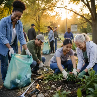 Volunteers Cleaning Park at Sunrise