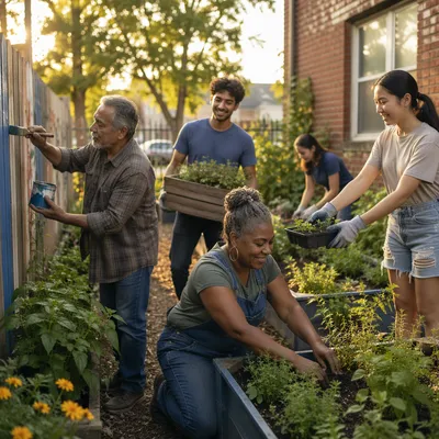 Volunteers Working in Neighborhood Community Garden