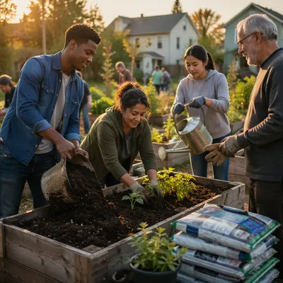 Diverse Volunteers Working in Community Garden