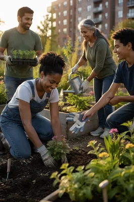 Diverse Volunteers Working in Neighborhood Garden
