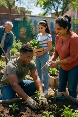 Diverse Volunteers Working in Community Garden