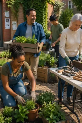 Volunteers Working in Sunny Urban Garden