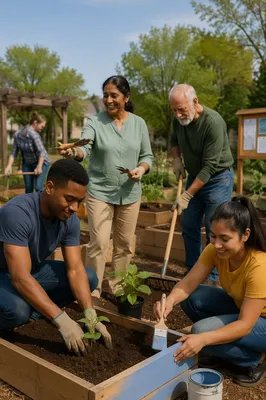 Diverse Volunteers Gardening in Neighborhood Garden