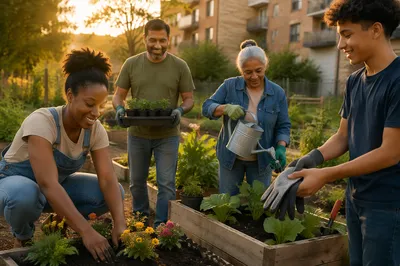 Diverse Volunteers Working in Neighborhood Garden
