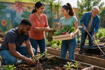 Volunteers Working in Neighborhood Community Garden