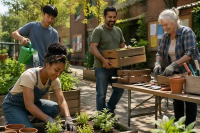 Volunteers Working Together in Urban Garden
