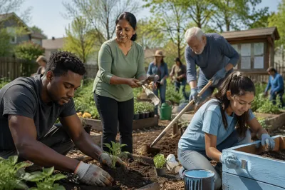 Diverse Volunteers Working in Neighborhood Garden