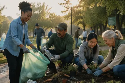 Volunteers Cleaning Park at Sunrise