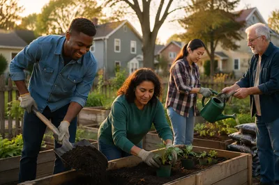 Volunteers Working in Community Garden at Sunrise