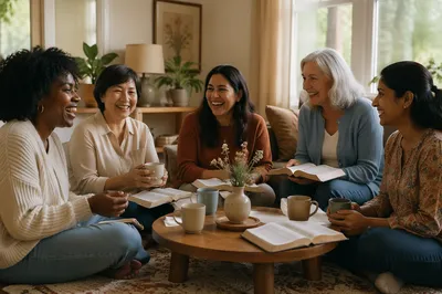 Diverse Women Laughing in Sunlit Living Room