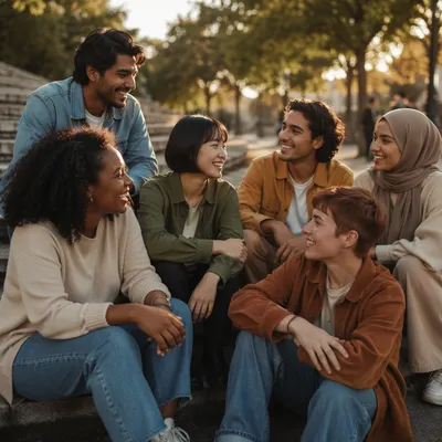 Diverse Young Adults Laughing on Park Steps