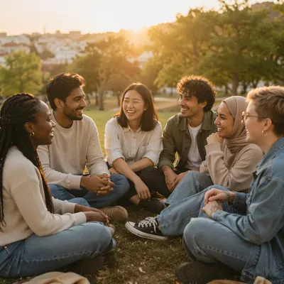 Diverse Young Friends Laughing on Grassy Hill