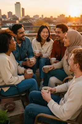 Diverse Youth Group Laughing at Golden Hour