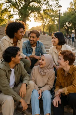 Diverse Young Friends Laughing on Park Steps