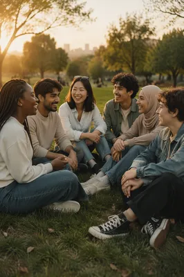 Diverse Young Friends Laughing on Grassy Hill
