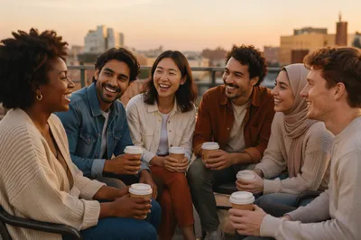 Diverse Young Friends Laughing on Rooftop