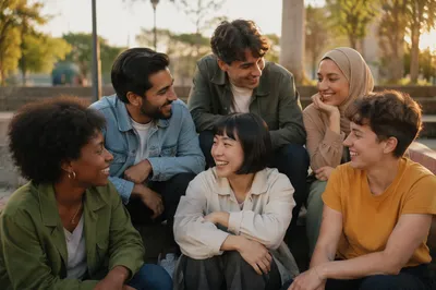 Diverse Young Friends Laughing on Park Steps