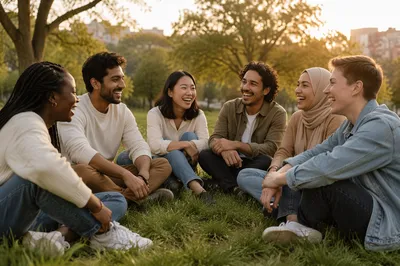 Diverse Young Friends Laughing on Grassy Hill