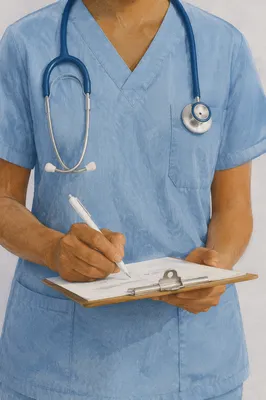 Compassionate Healthcare Worker Writing on Clipboard