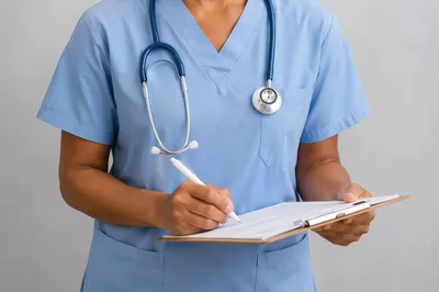 Compassionate Healthcare Worker Writing on Clipboard