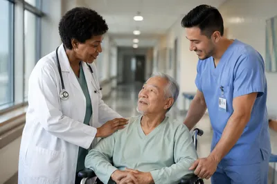 Compassionate Healthcare Team in Hospital Corridor
