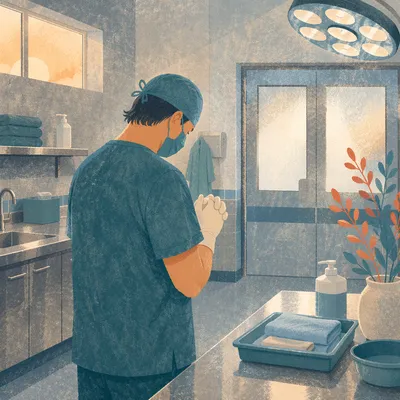 Surgeon Praying Before Surgery in Scrubs