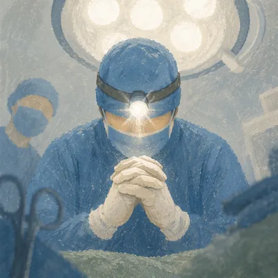 Surgeon Praying Before Surgery Under Lamp