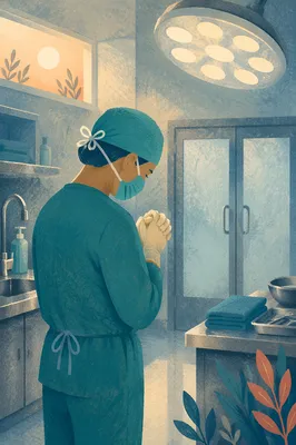 Surgeon Praying Before Surgery in Scrubs